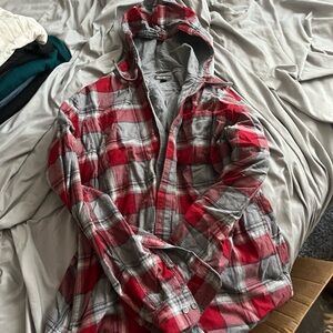 Red and Gray Plaid Hooded Shirt
